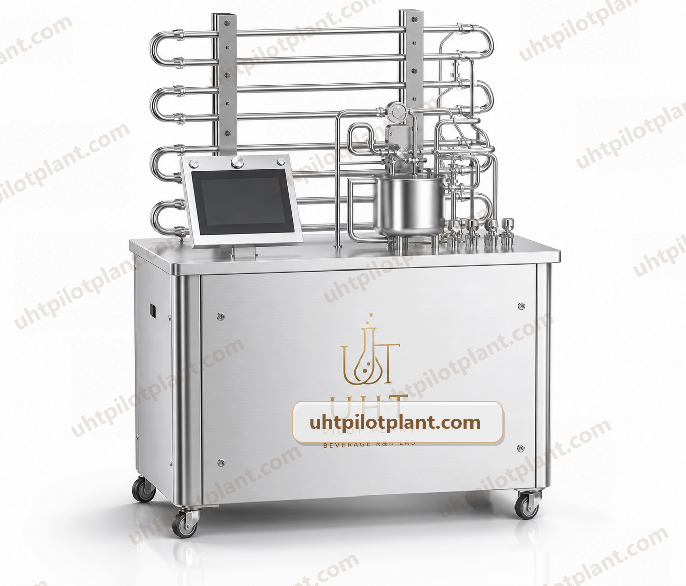 Lab UHT and HTST sterilizer skid with tubular heat exchanger and compact control panel