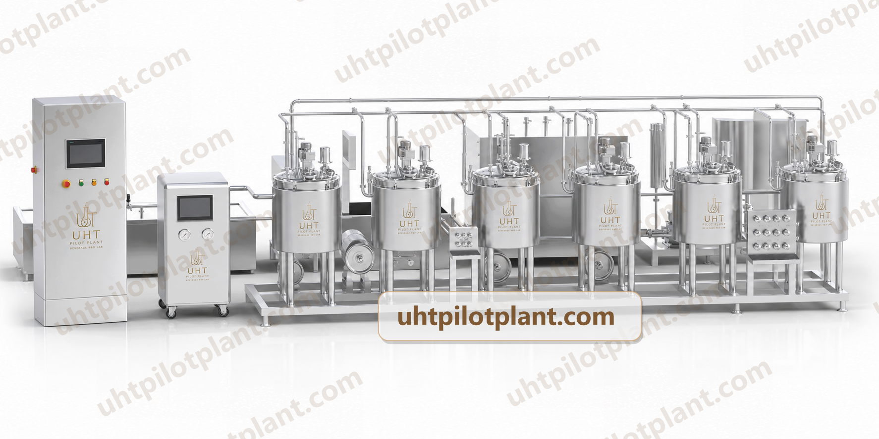 Dairy and juice R&D pilot plant line with multiple stainless steel tanks and processing modules